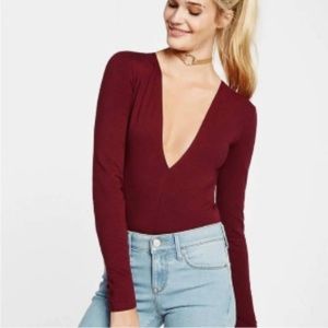 NWT Express Maroon/Wine Colored Deep V Long sleeved Bodysuit
